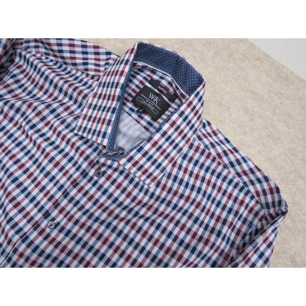 WRK Work Rest Karma Mens 18 Slim Fit 4-Way Stretch Plaid Button Down Shirt Navy